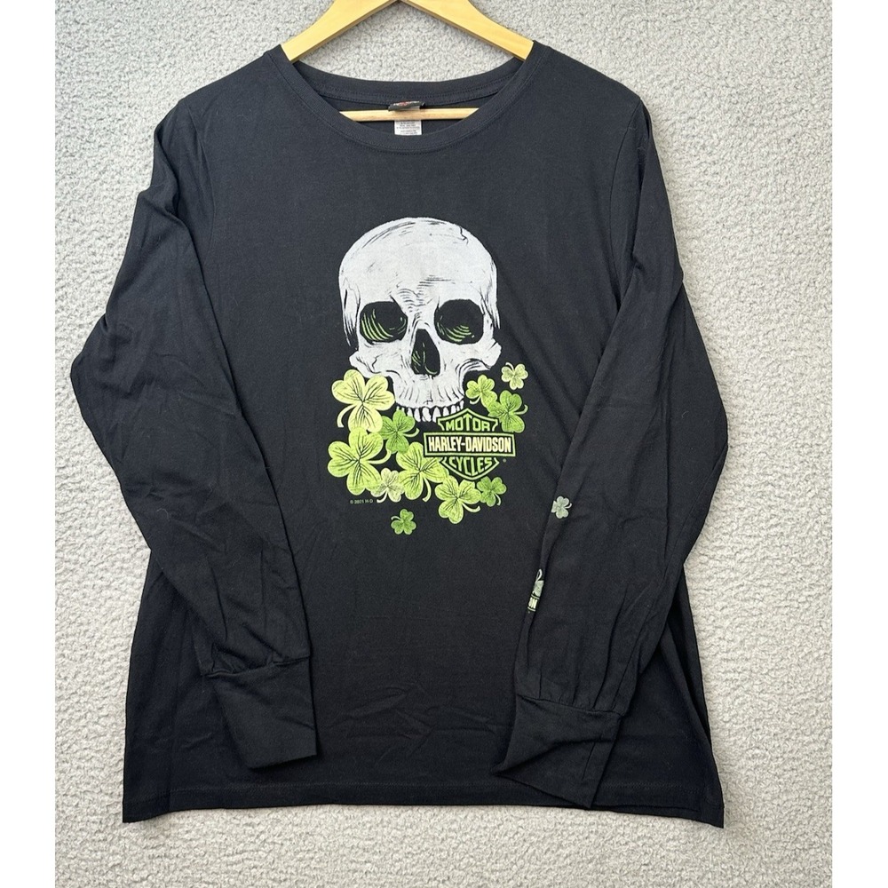 Harley-Davidson T Shirt 2XL Black Long Sleeve Skull Shamrock St Patrick Bergdale